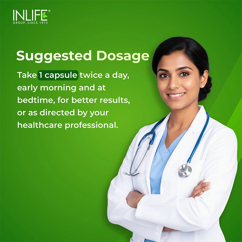 Suggested dosage slide showing daily intake instructions with visual representation of capsule size