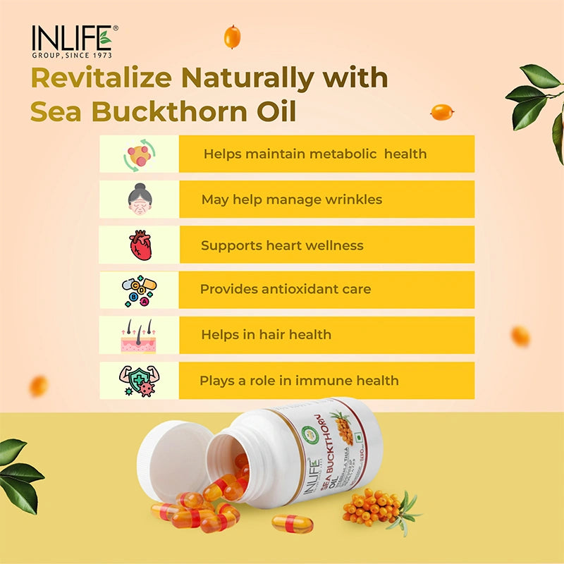 Sea Buckthorn Oil Key Benefits displayed with human body illustration and benefit icons, including inflammation support, metabolism, heart health, cholesterol balance, cellular energy, gut health, and immune support.”