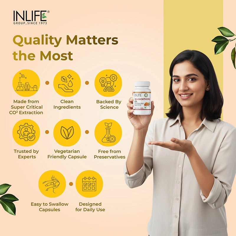 “Inlife Sea Buckthorn Oil – Key Features including supercritical CO2 extraction, clean ingredients, expert-trusted, and science-backed formulation.”