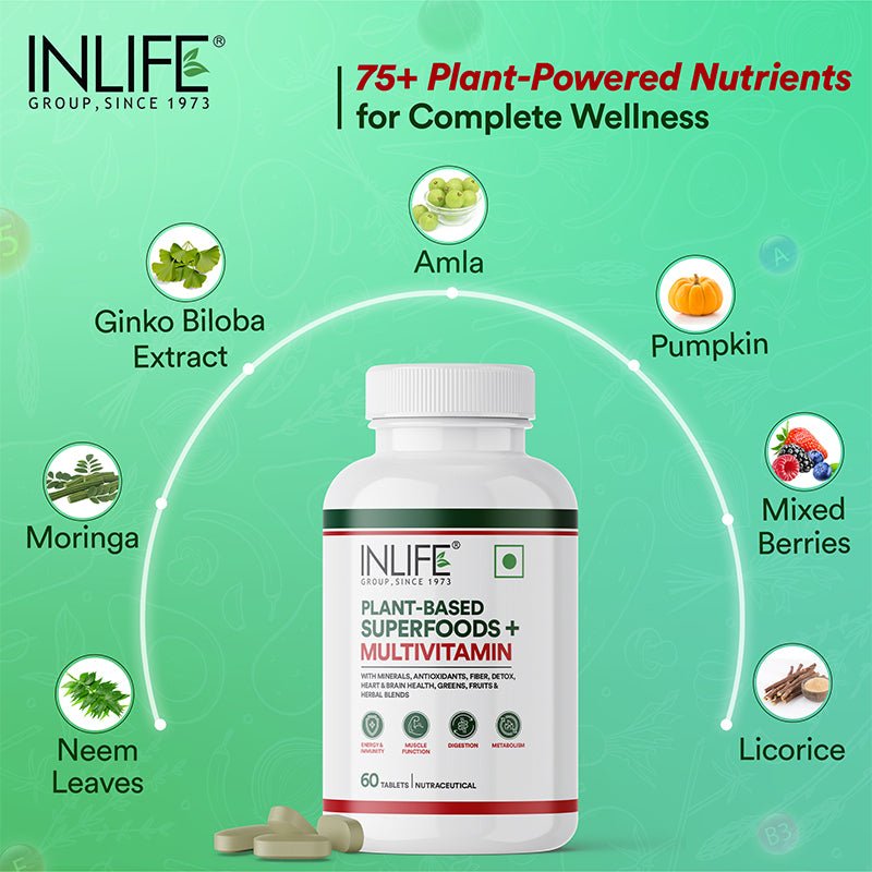 INLIFE Vegan Plant Based Multivitamin for Men & Women: Superfood+ | 60 Tablets - Inlife Pharma Private Limited