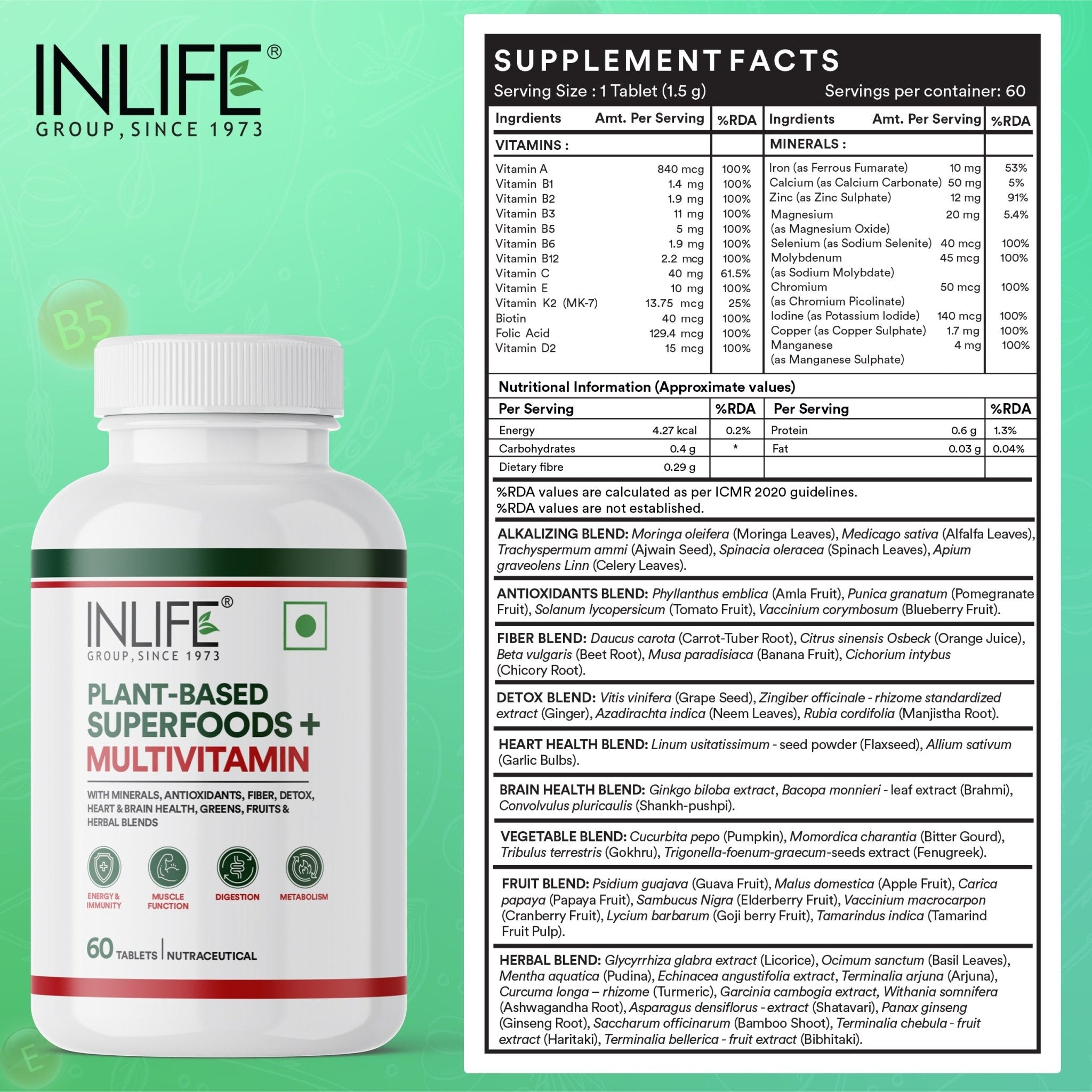 INLIFE Vegan Plant Based Multivitamin for Men & Women: Superfood+ | 60 Tablets - Inlife Pharma Private Limited