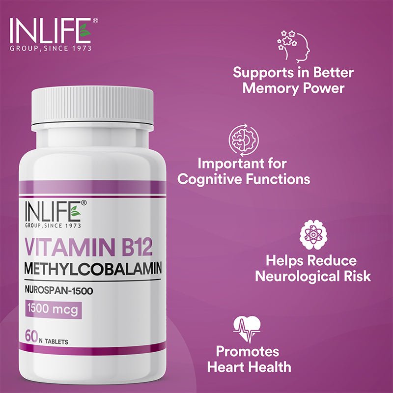 INLIFE Vitamin B12 1500mcg Methylcobalamin, Energy, Nervous System Support - 60 Tablets (Nurospan-1500) - Inlife Pharma Private Limited