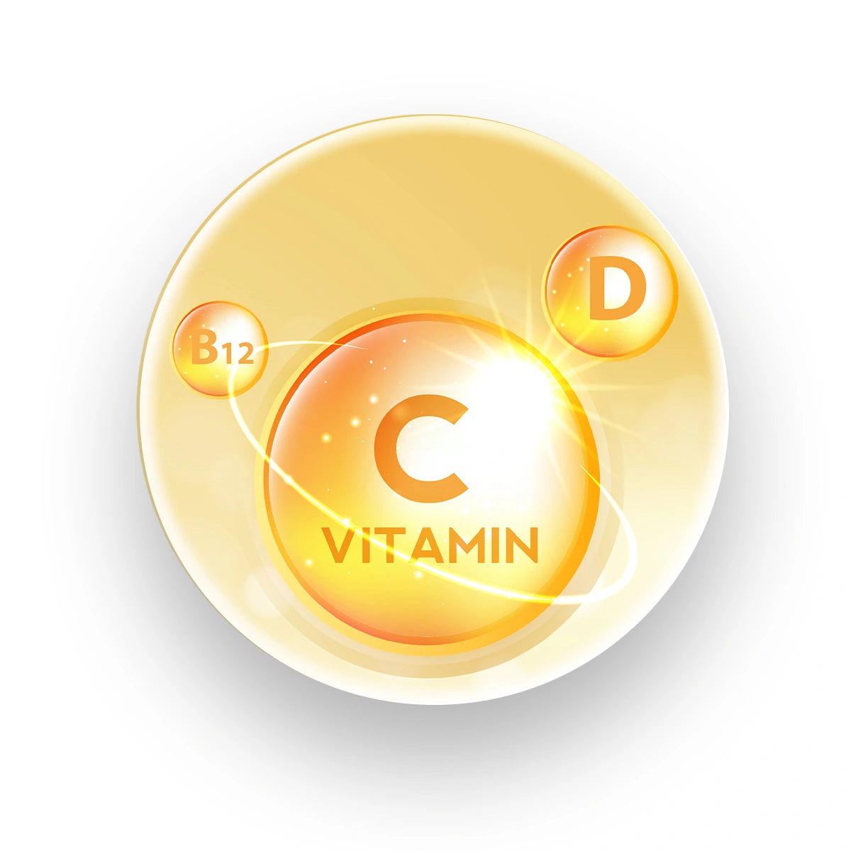 Stylized graphic of three vitamin symbols (C, D, B12) representing the essential blend for immune support, bone health, and energy metabolism