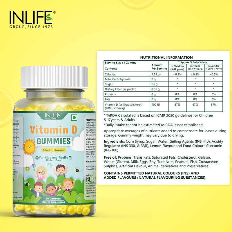 INLIFE Vitamin D Supplement, 400 IU - 30 Lemon Flavored Gummies - Inlife Pharma Private Limited