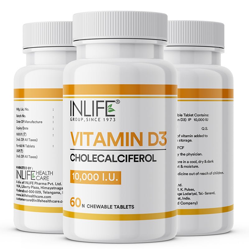 INLIFE Vitamin D3 10000 IU Chewable Tablets | Cholecalciferol Supplement - 60 Tablets - Inlife Pharma Private Limited