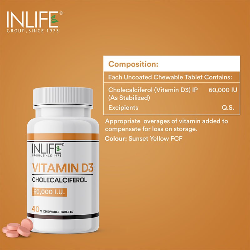 INLIFE Vitamin D3 60000 IU Chewable Tablets | Cholecalciferol Supplement - 40 Tablets - Inlife Pharma Private Limited