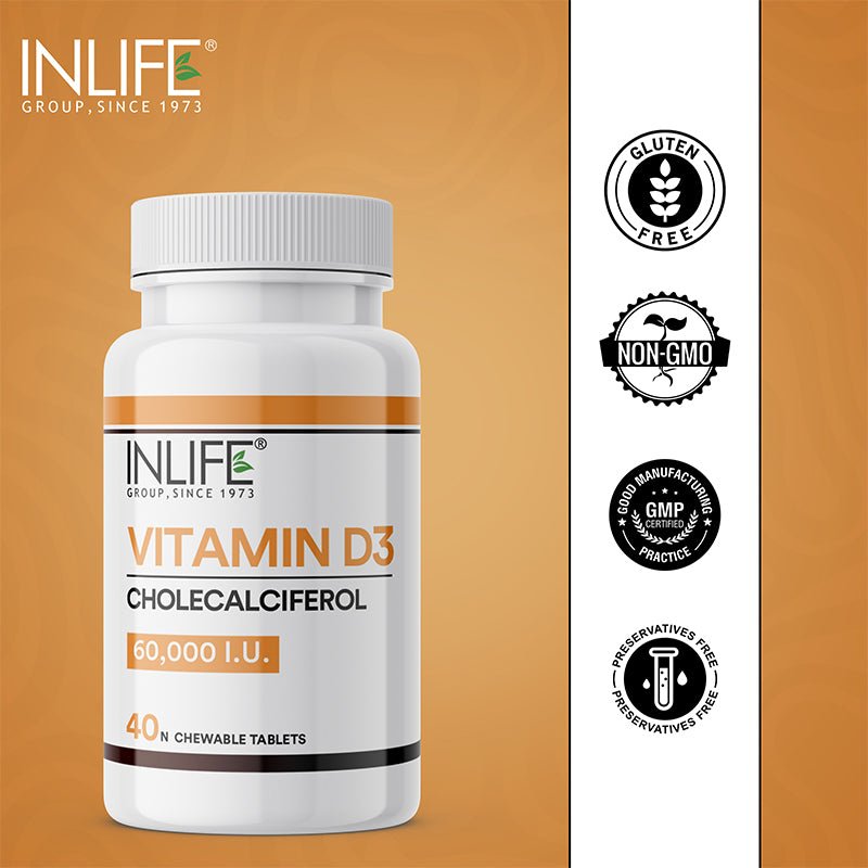 INLIFE Vitamin D3 60000 IU Chewable Tablets | Cholecalciferol Supplement - 40 Tablets - Inlife Pharma Private Limited