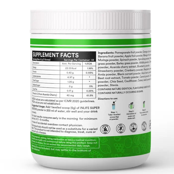 Inlife Super Green Fusion| Vital Nutrients, Fiber, Antioxidants, Superfoods Powder| 200gm