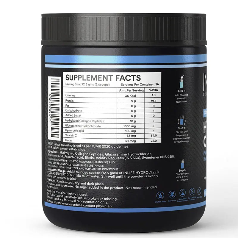 Inlife Hydrolyzed Japanese Collagen Peptides | with Biotin, Hyaluronic Acid & Glucosamine HCl | 200g Powder