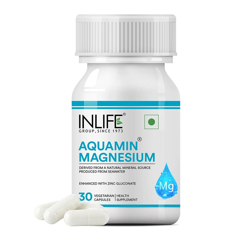 INLIFE Aquamin Magnesium supplement bottle with capsules displayed.