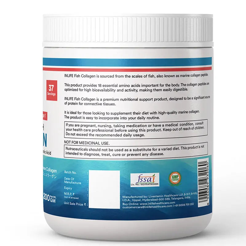 Inlife Japanese Marine Fish Collagen Supplements for Women & Men | Clinically Proven Ingredient | 200g Powder