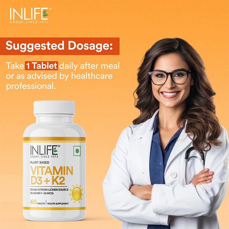 Inlife Plant-Based Vitamin D3 + K2 (MK7), 600 IU Lichen-Sourced D3 & 55 mcg MK7, Veg. Tablets
