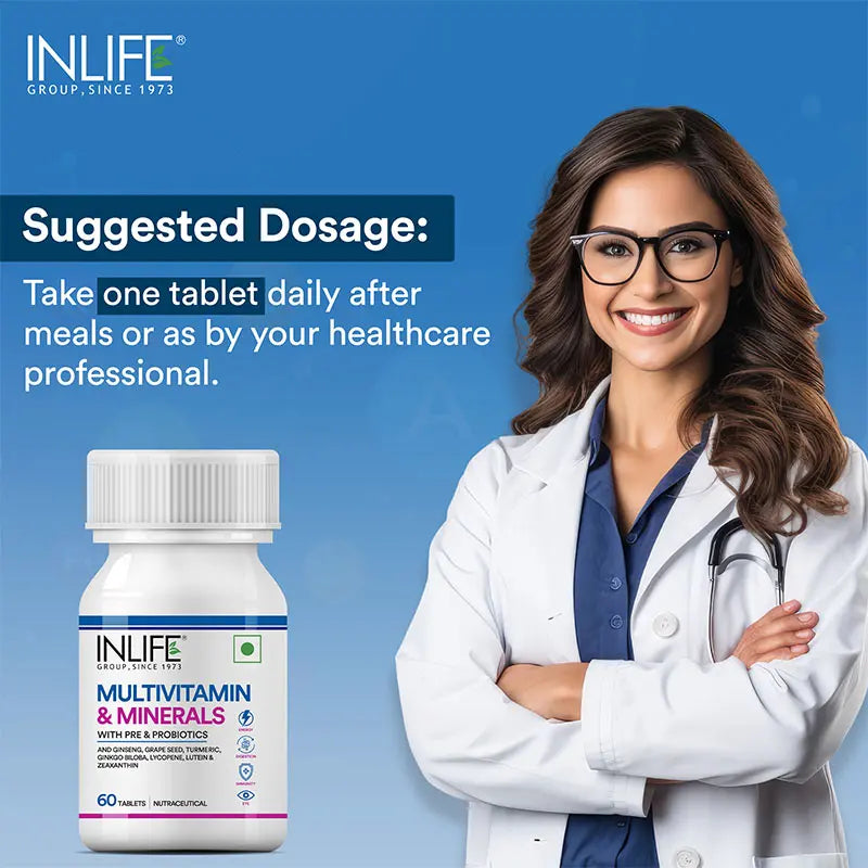 Inlife Multivitamin and Minerals Supplement with Ginseng, Grape Seed, Lutein & Probiotics | Vegetarian Tablets