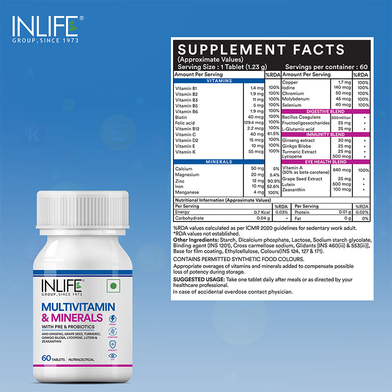 Inlife Multivitamin and Minerals Supplement with Ginseng, Grape Seed, Lutein & Probiotics | Vegetarian Tablets