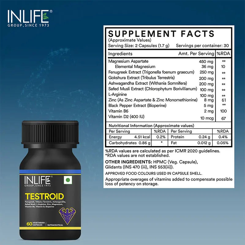 Inlife Testroid Supplement for Men | Veg. Capsules