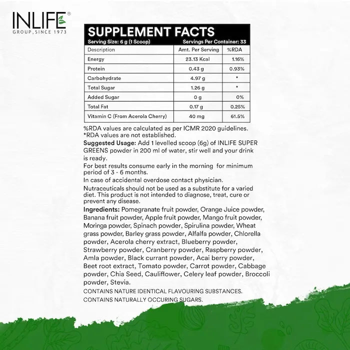 Inlife Super Green Fusion| Vital Nutrients, Fiber, Antioxidants, Superfoods Powder| 200gm