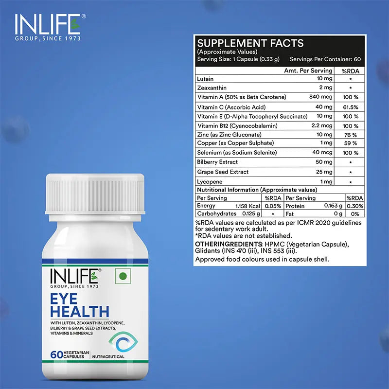 Inlife Eye Health Supplement with Bilberry, Zeaxanthin, Veg. Capsules
