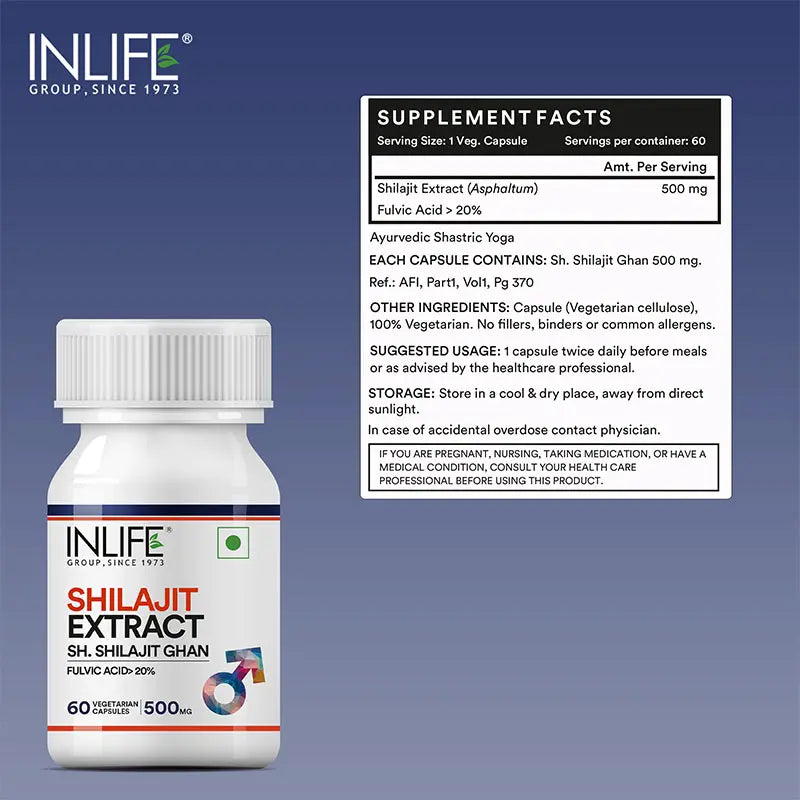 Inlife Shilajit Extract Supplement, 500 mg, Veg. Capsules