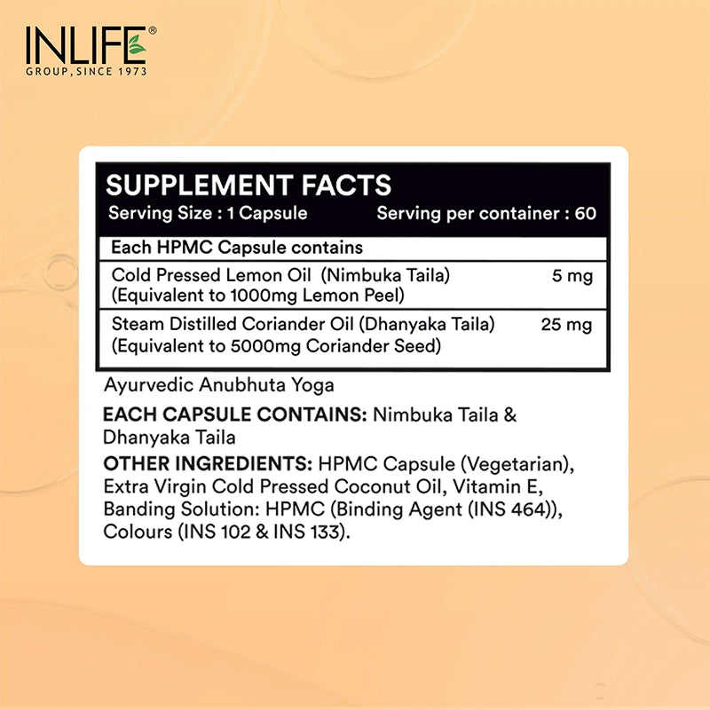 Inlife Natural Lemon & Coriander oil | Liquid Filled Veg Capsules