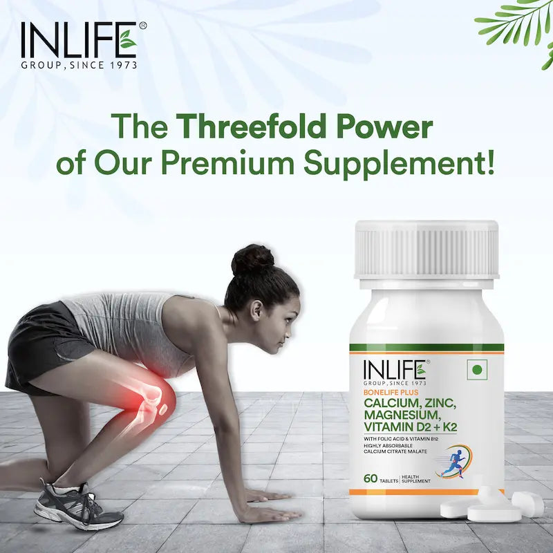 Inlife Bonelife Plus Formula | Calcium Citrate Malate, Magnesium, Zinc, Folic Acid, Vitamin D2, K2 & B12 | Supports Bone & Nutritional Health Tablets