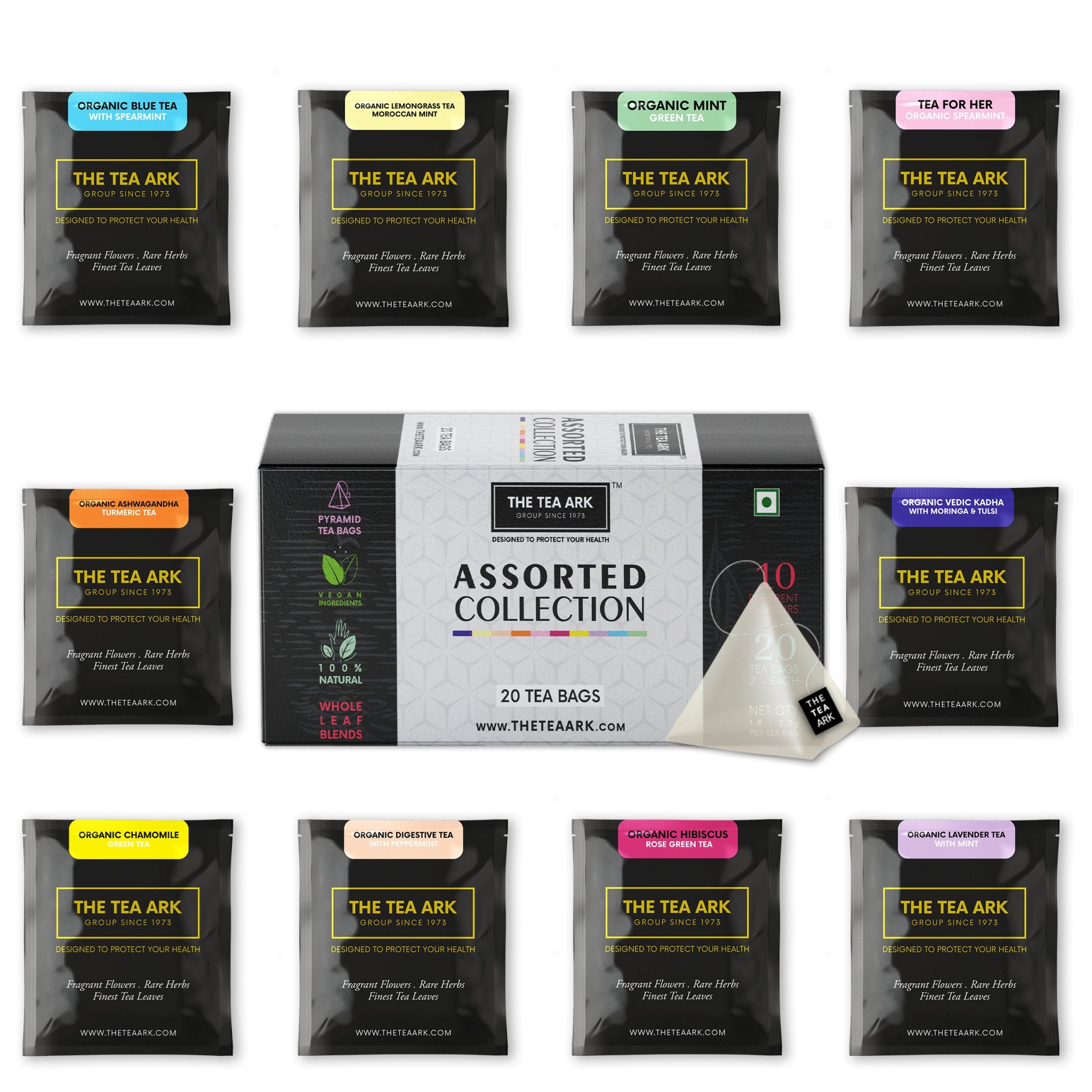 The Tea Ark Assorted Collection Pyramid Tea Bags, 10 Variants with 2 Pcs Each, Whole Leaf Blends, Sampler Pack - 20 Tea Bags - Inlife Pharma Private Limited