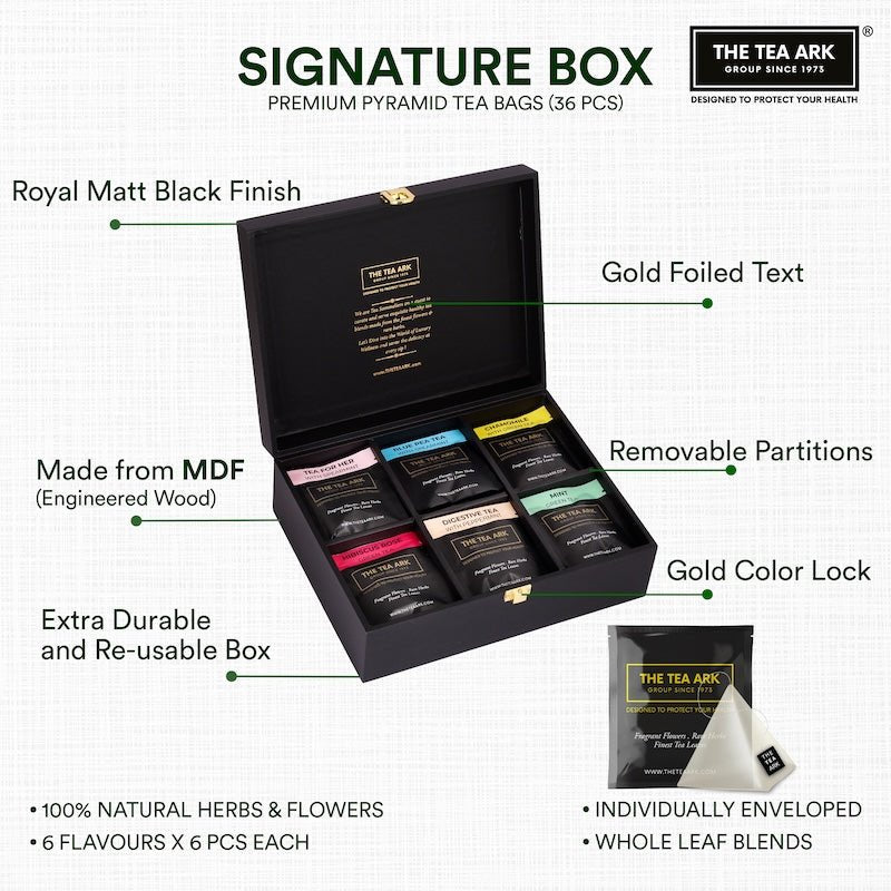 The Tea Ark Signature Select Diwali Assorted Tea Bags Gift Box, 6 Flavours, 36 Pyramid Tea Bags - Inlife Pharma Private Limited
