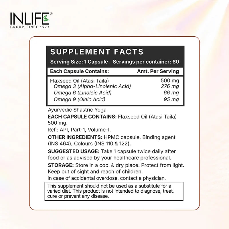 Inlife Flaxseed Oil Omega 3, 6, 9 Fatty Acids Supplement, 500mg, Veg. Capsules