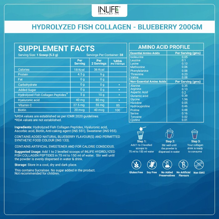 INLIFE Marine Collagen Supplements for Women & Men | Fish Collagen Powder for Skin & Hair | Clinically Proven Ingredient with Biotin, Hyaluronic Acid, Vitamin C & Glucosamine ( Fish Collagen, 200g)