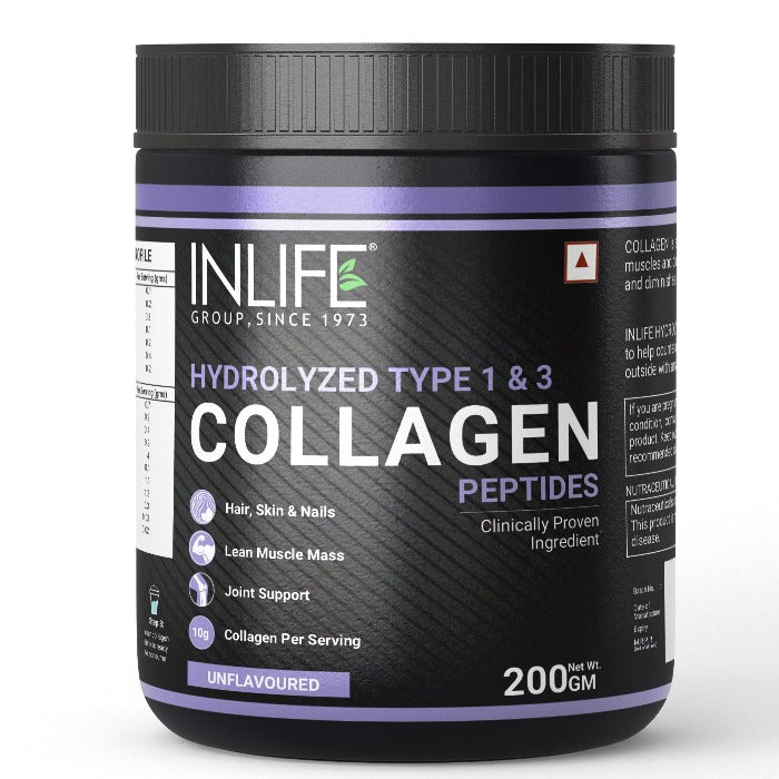 INLIFE Hydrolyzed Collagen Peptides Powder Clinically Proven Ingredient, Type 1 & 3, Skin Health, Bone Health Supplement for Men & Women (Unflavoured, Collagen, 200g)