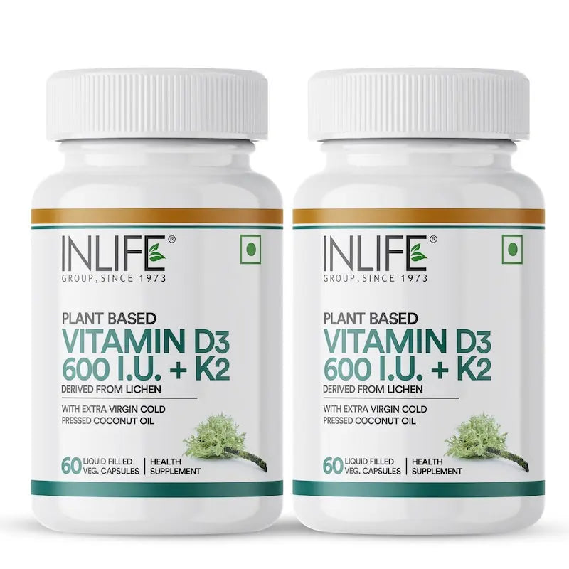 Inlife Plant Based Vitamin D3 K2 Supplement, Lichen Source, 600 IU | 60 Veg. Capsules