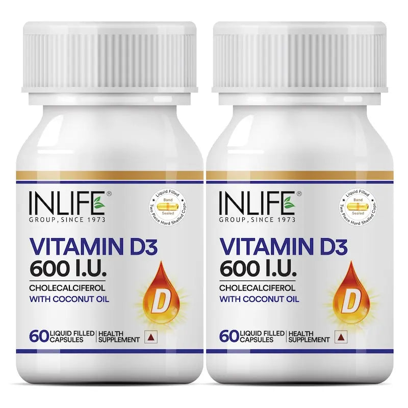 Inlife Plant Based Vitamin D3 K2 Supplement, Lichen Source, 600 IU | 60 Veg. Capsules