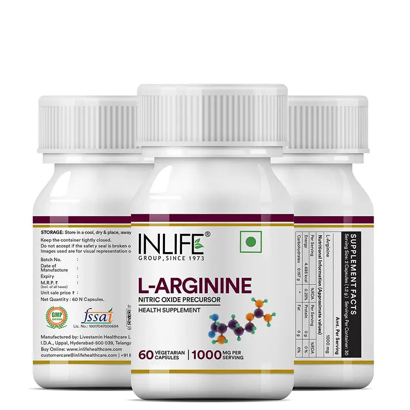 Inlife L-Arginine (1000mg) Serving Supplement, 60 Veg. Capsules