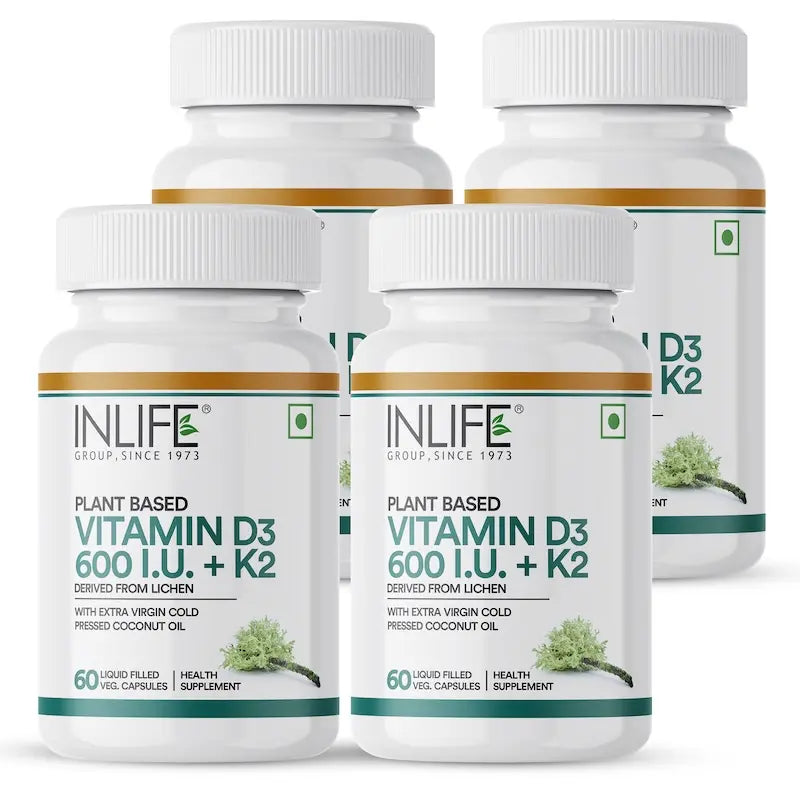 Inlife Plant Based Vitamin D3 K2 Supplement, Lichen Source, 600 IU | 60 Veg. Capsules