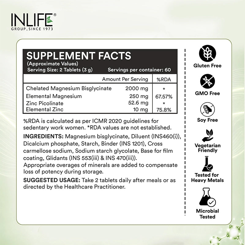 Inlife Magnesium Glycinate 2000 mg & Zinc Tablet.