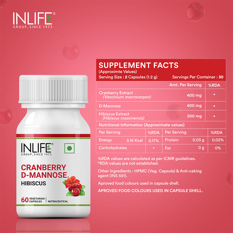 INLIFE  Cranberry 400mg D-Mannose 400mg, Hibiscus 200mg Supplement - 60 Capsules