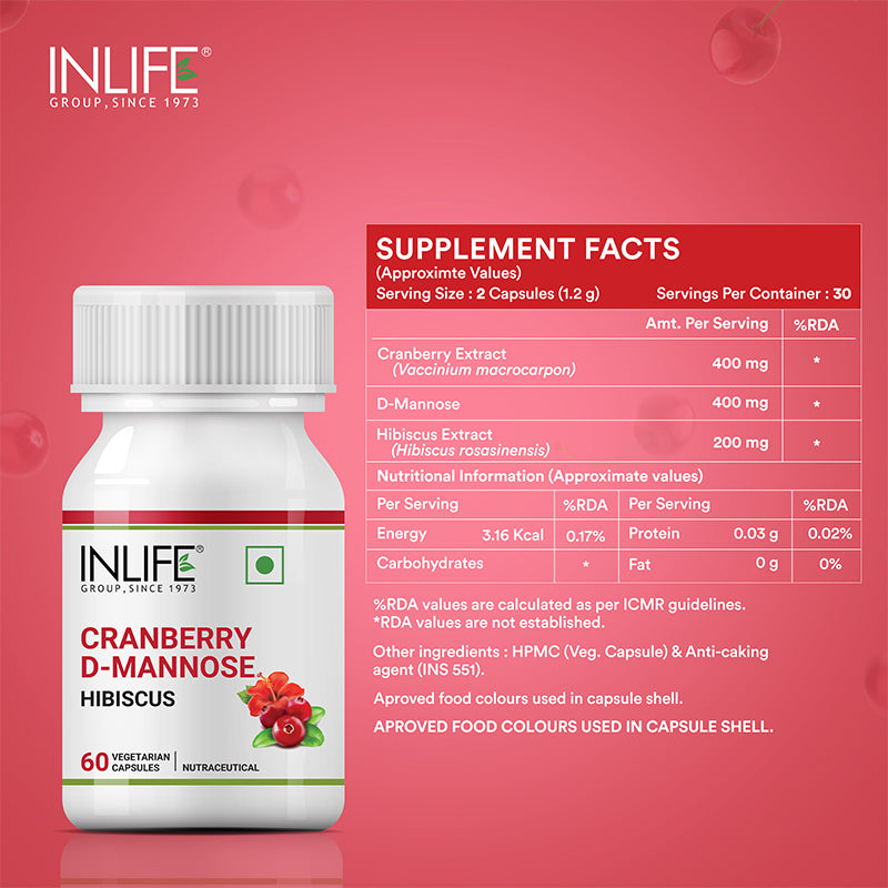 INLIFE Cranberry 400mg D-Mannose 400mg, Hibiscus 200mg Supplement - 60 Capsules