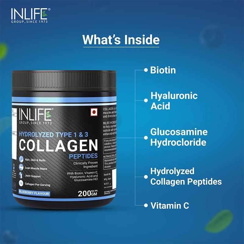 INLIFE Hydrolysed Collagen Peptides with Biotin, Hyaluronic Acid & Glucosamine HCl, 200g