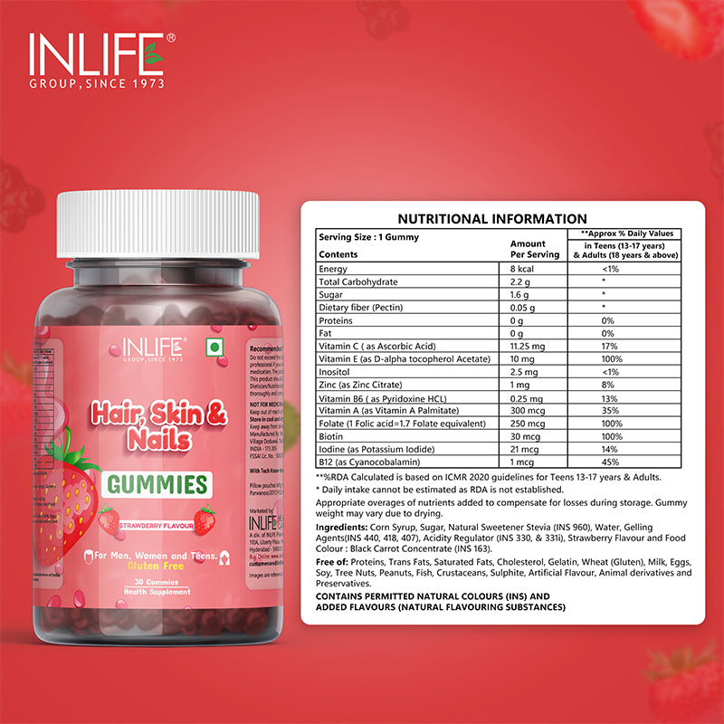 INLIFE Hair Skin & Nails Supplement with Biotin - 30 Gummies (Strawberry Flavour)