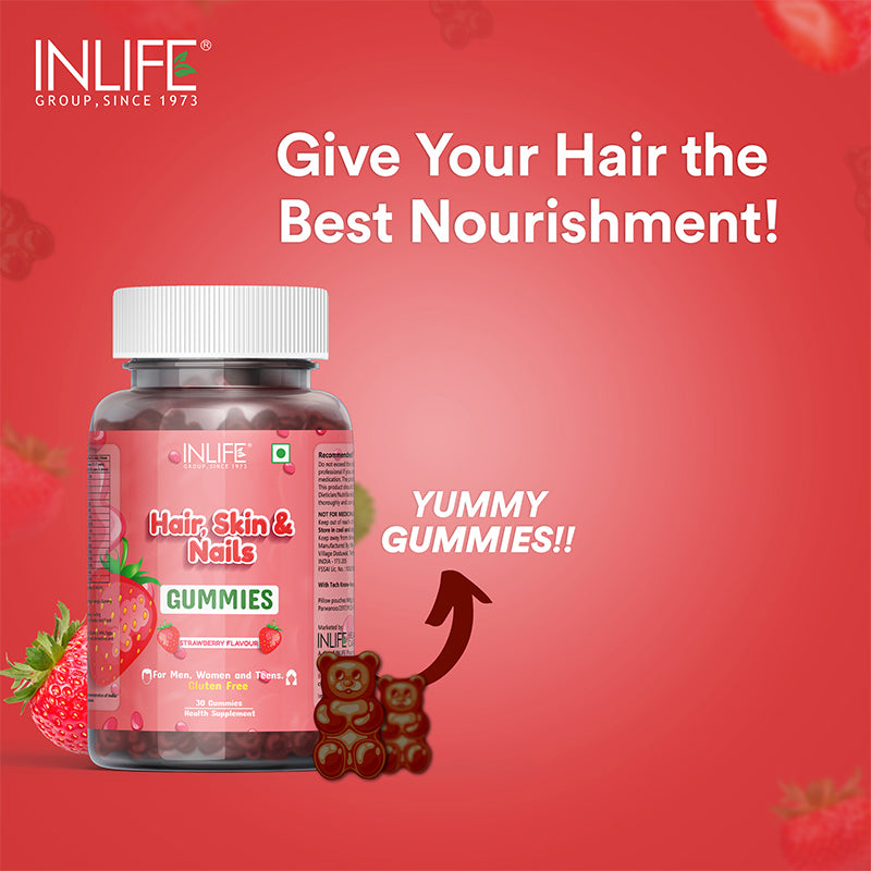 INLIFE Hair Skin & Nails Supplement with Biotin - 30 Gummies (Strawberry Flavour)