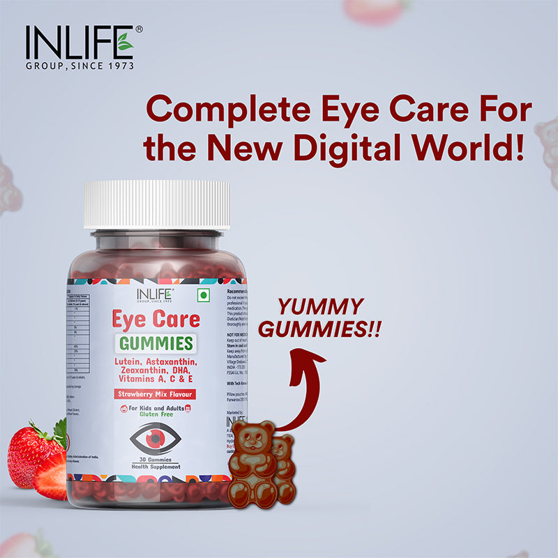 INLIFE Eye Care Supplement with Lutein, Zeaxanthin, Omega 3 - 30 Gummies (Strawberry Mix)