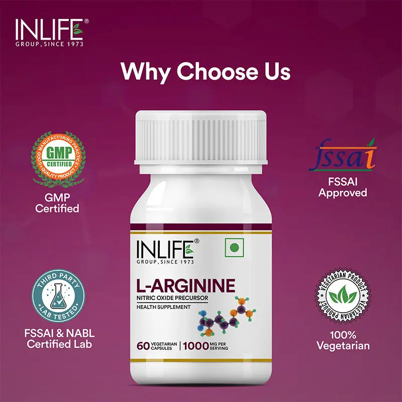 Inlife L-Arginine (1000mg) Serving Supplement, 60 Veg. Capsules