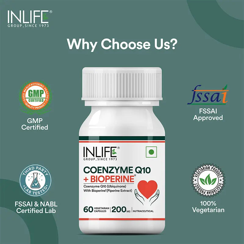 Inlife Coenzyme Q10 Supplement (CoQ10) with Bioperine | 200mg | 60 Veg. Capsules