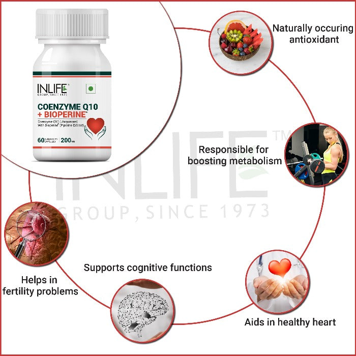 INLIFE  Coenzyme Q10 200mg with Bioperine 8mg Supplement - 60 Vegetarian Capsules