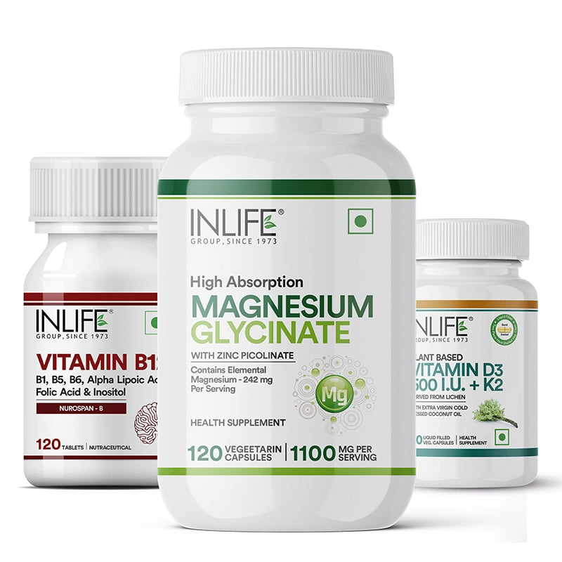 Inlife Plant-Based Vitamin D3 K2 with Coconut Oil + Vitamin B12 ALA + Magnesium Glycinate with Zinc, Veg. Combo Pack