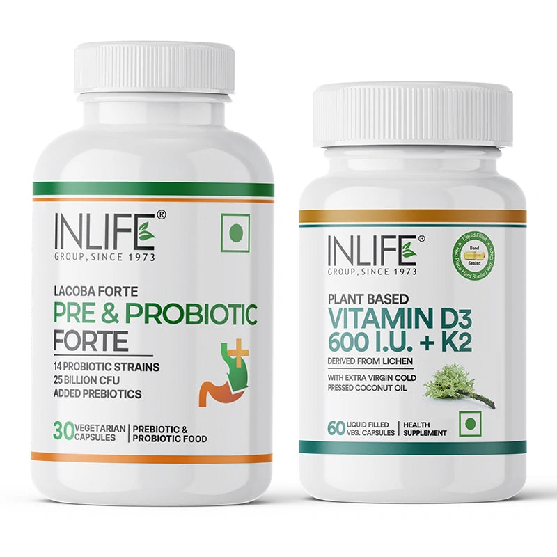 Prebiotic & Probiotics Forte + Vitamin D3 K2 600 i.u Gut + Bone Wellness Combo