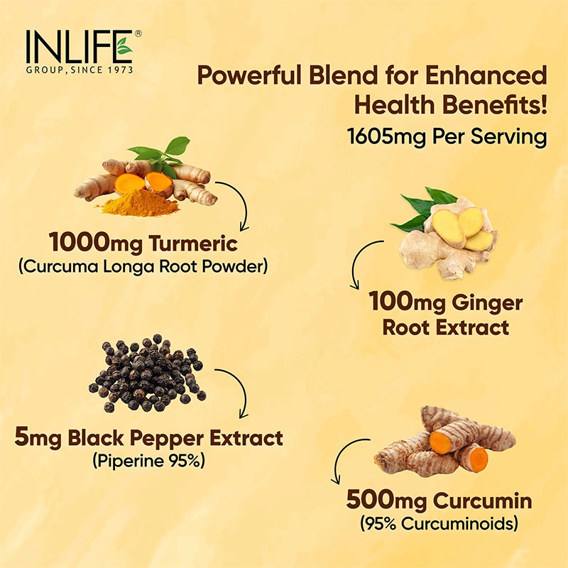 Inlife Turmeric Curcumin Supplement with Ginger & Black Pepper, 1605 mg, Natural Antioxidant Formula, Veg. Tablets