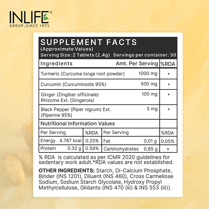 Inlife Turmeric Curcumin Supplement with Ginger & Black Pepper, 1605 mg, Natural Antioxidant Formula, Veg. Tablets