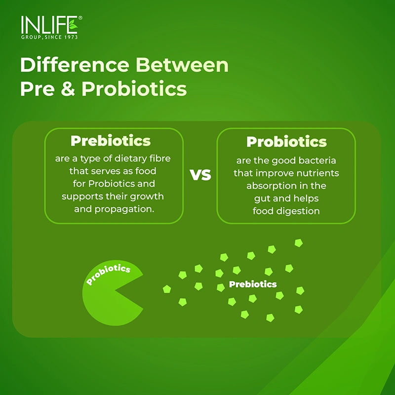 Graphic explaining the difference between prebiotics and probiotics, showing prebiotics as dietary fiber that feeds probiotics, and probiotics as good bacteria that improve nutrient absorption and digestion