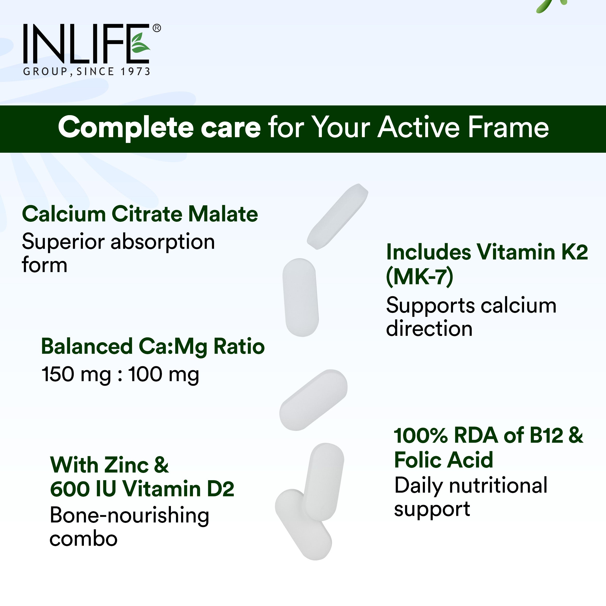 Inlife Bone Support Formula |Calcium Citrate Malate, Magnesium, Zinc, Folic Acid, Vitamin D2, K2 & B12| Supports Bone & Nutritional Health| 60 Tablets