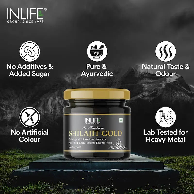 Inlife Shilajit Gold Resin with Ashwagandha, Tribulus, Turmeric, Kali Musli | 20g